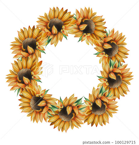 Watercolor frame and logo with sunflowers. Hand painting clipart on an isolated background. Print for wedding invitation, designers, decoration, textile, poster, scrapbooking, card, invitation, tags Watercolor frame and logo with sunflowers. Hand painting clipart on an isolated background. Print for wedding invitation, designers, decoration, textile, poster, scrapbooking, card, invitation, tags 100129715