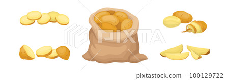 Whole Potato in Sack and Sliced as Root Vegetable or Starchy Tuber of Plant Vector Set Whole Potato in Sack and Sliced as Root Vegetable or Starchy Tuber of Plant Vector Set 100129722