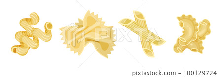 Macaroni as Dry Shaped Pasta Made with Durum Wheat Vector Set Macaroni as Dry Shaped Pasta Made with Durum Wheat Vector Set 100129724