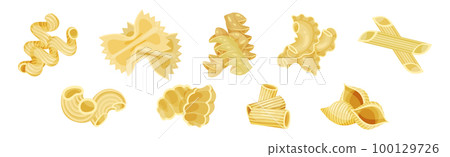 Macaroni as Dry Shaped Pasta Made with Durum Wheat Vector Set 100129726
