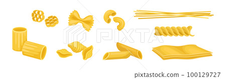 Macaroni as Dry Shaped Pasta Made with Durum Wheat Vector Set Macaroni as Dry Shaped Pasta Made with Durum Wheat Vector Set 100129727