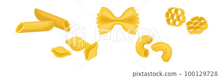 Macaroni as Dry Shaped Pasta Made with Durum Wheat Vector Set Macaroni as Dry Shaped Pasta Made with Durum Wheat Vector Set 100129728