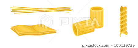 Macaroni as Dry Shaped Pasta Made with Durum Wheat Vector Set Macaroni as Dry Shaped Pasta Made with Durum Wheat Vector Set 100129729