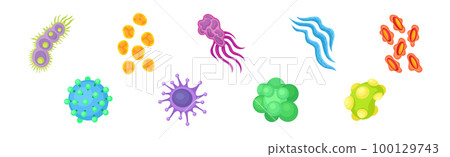 Bacteria and Germs Colorful Microorganisms and Disease Causing Microbe Vector Set 100129743