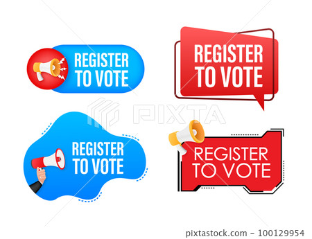 Megaphone label set with text Register to vote. Megaphone in hand promotion banner. Marketing and advertising 100129954