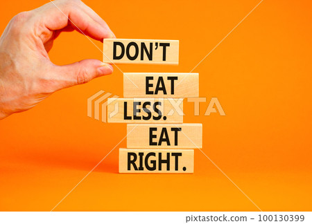 Eat less or right symbol. Concept words Do not eat less, eat right on wooden blocks. Beautiful orange table orange background. Doctor hand. Healthy lifestyle and eat less or right concept. Copy space. Eat less or right symbol. Concept words Do not eat less, eat right on wooden blocks. Beautiful orange table orange background. Doctor hand. Healthy lifestyle and eat less or right concept. Copy space. 100130399