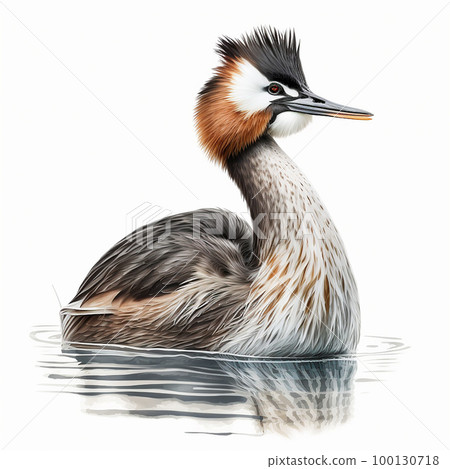Beautiful water bird Podiceps cristatus great grebe isolated on white close-up 100130718