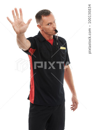 Stop, hand and portrait of man referee blowing whistle for studio warning, penalty or gesture on white background. Sports, coach and palm sign for wrong, pause or emoji, rules or compliance caution Stop, hand and portrait of man referee blowing whistle for studio warning, penalty or gesture on white background. Sports, coach and palm sign for wrong, pause or emoji, rules or compliance caution 100130834