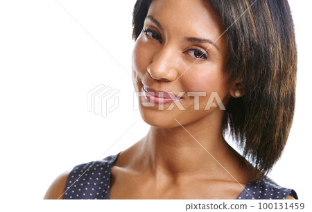 African woman, studio portrait and smile with beauty, wellness and makeup by white background. Woman, model and isolated for aesthetic, fashion and happiness with glow skin, cosmetics face or excited 100131459