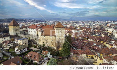 France travel and landmarks. Romantic beautiful old town of Annecy, aerial cityscape view with medieval castle. 100131568