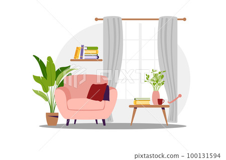 Interior of the living room with furniture. Modern armchair with mini table. Flat cartoon style. Vector illustration. Interior of the living room with furniture. Modern armchair with mini table. Flat cartoon style. Vector illustration. 100131594