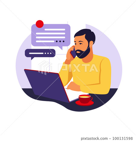 Home office concept, man working from home. Freelance or studying concept. Vector illustration. Flat style. Home office concept, man working from home. Freelance or studying concept. Vector illustration. Flat style. 100131598