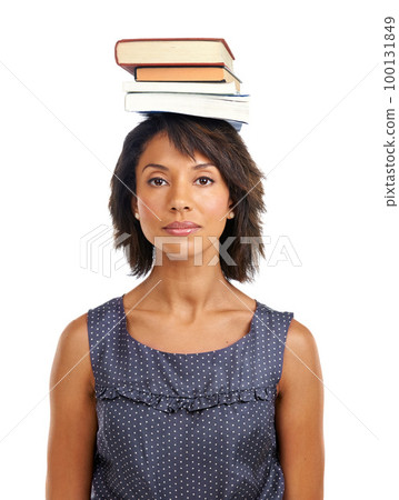 Portrait, education or black woman with books or balance in studio with marketing mockup space. Headshot, student or African school girl in university or college for study learning or future goals 100131849