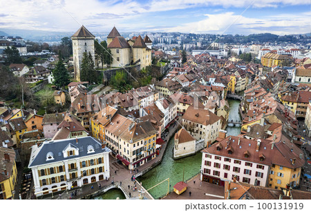 France travel and landmarks. Romantic beautiful old town of Annecy aerial drone view with medieval castle.  Haute-Savoi region 100131919