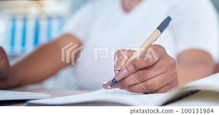 Hands, paper and writing of a woman at work and working on paperwork or documents at the office. Female business worker or employee hand and pen ready to write plan, records or customer information. 100131984