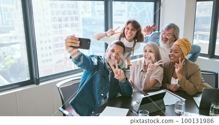 Peace sign, friends and selfie with business people and phone for teamwork, diversity and support. Social media, community and technology with employee in startup for internet, creative or networking 100131986