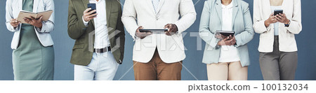 Technology, recruitment and business people waiting for an interview in line in the office. Hiring, queue and professional employees with digital tablets and phones standing for meeting in workplace. 100132034