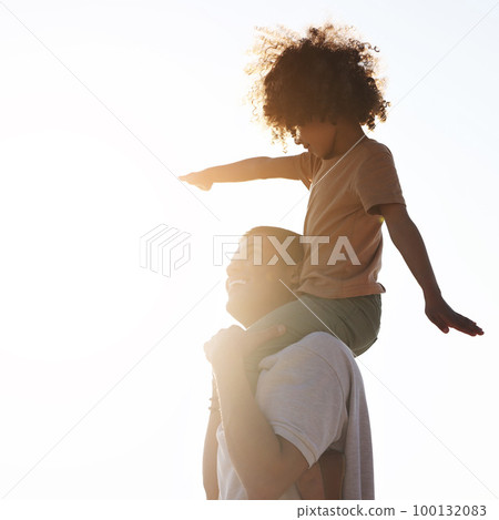 Father, child and piggyback with smile on mockup for summer vacation, holiday or family bonding time outdoors. Happy dad holding son on back walking and enjoying playful freedom together in the sun Father, child and piggyback with smile on mockup for summer vacation, holiday or family bonding time outdoors. Happy dad holding son on back walking and enjoying playful freedom together in the sun 100132083