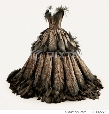 Lovely vintage retro long ball gown with ostrich feather trim isolated on white close-up Lovely vintage retro long ball gown with ostrich feather trim isolated on white close-up 100132275