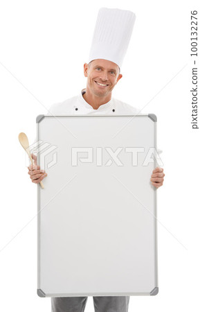 Chef man, space and board isolated on a white background of empty menu and happy culinary services. Professional, cooking or bakery person with whiteboard mockup for startup ideas in studio portrait Chef man, space and board isolated on a white background of empty menu and happy culinary services. Professional, cooking or bakery person with whiteboard mockup for startup ideas in studio portrait 100132276