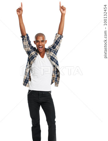 Black man, studio celebration and hands in air, smile and focus with success by white background. Happy gen z man, winning and celebrate with confidence, handsome or isolated for fashion in Chicago 100132454