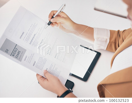 Hands, cv paper and check at office with black woman, hr expert or question at desk for recruitment. Human resources, documents or choice for hiring, opportunity or job for future employee at company Hands, cv paper and check at office with black woman, hr expert or question at desk for recruitment. Human resources, documents or choice for hiring, opportunity or job for future employee at company 100132523