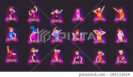 Set of DJs in headphones playing music on mixer. Dj playing progressive electro music at night club cartoon vector Set of DJs in headphones playing music on mixer. Dj playing progressive electro music at night club cartoon vector 100132624