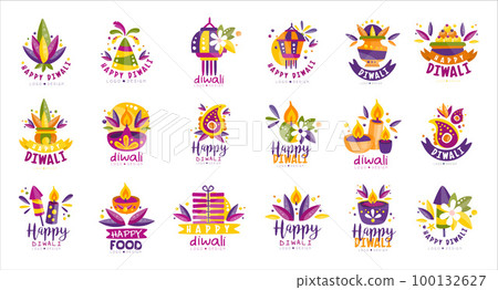 Happy Diwali logo design set. Indian festival hand drawn labels vector illustration Happy Diwali logo design set. Indian festival hand drawn labels vector illustration 100132627