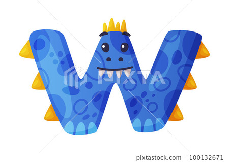 W consonant letter dino font. Dinosaur alphabet, cute dino effect blue letter sign, abc for kids, nursery, birthday party design cartoon vector illustration W consonant letter dino font. Dinosaur alphabet, cute dino effect blue letter sign, abc for kids, nursery, birthday party design cartoon vector illustration 100132671