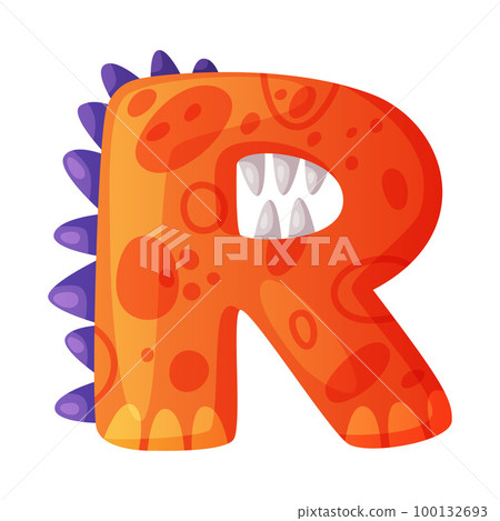 R consonant letter dino font. Dinosaur alphabet, cute dino effect letter sign, abc for kids, nursery, birthday party design cartoon vector illustration 100132693