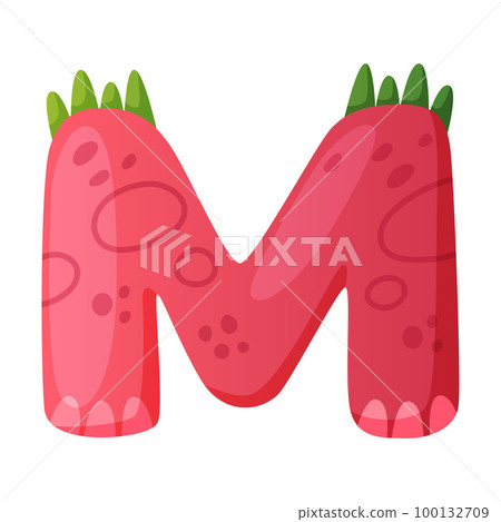 M consonant letter dino font. Dinosaur alphabet, cute dino effect red letter sign, abc for kids, nursery, birthday party design cartoon vector illustration M consonant letter dino font. Dinosaur alphabet, cute dino effect red letter sign, abc for kids, nursery, birthday party design cartoon vector illustration 100132709