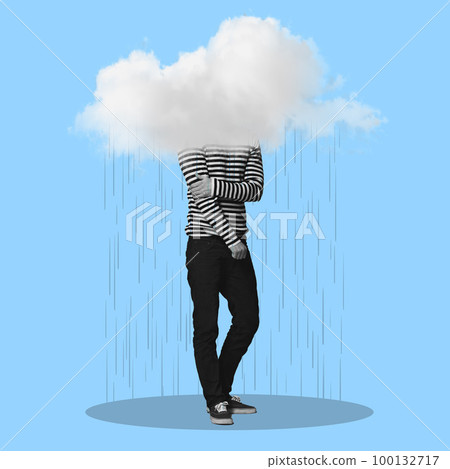 Man, cloud and rain for depression art, mental health or sad by blue background with shadow on silhouette. Young gen z guy, punk aesthetic and depressed with clouds overlay, frustrated and anxiety Man, cloud and rain for depression art, mental health or sad by blue background with shadow on silhouette. Young gen z guy, punk aesthetic and depressed with clouds overlay, frustrated and anxiety 100132717