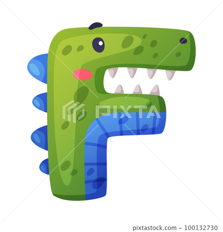 F consonant letter dino font. Dinosaur alphabet, cute dino effect letter sign, abc for kids, nursery, birthday party design cartoon vector illustration F consonant letter dino font. Dinosaur alphabet, cute dino effect letter sign, abc for kids, nursery, birthday party design cartoon vector illustration 100132730