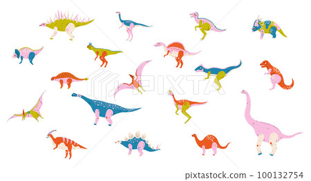 Set of cute dinosaurs. Pterosaurs, stegosaurus, brontosaurus, tyrannosaurus rex, velociraptor prehistoric animals cartoon vector Illustration Set of cute dinosaurs. Pterosaurs, stegosaurus, brontosaurus, tyrannosaurus rex, velociraptor prehistoric animals cartoon vector Illustration 100132754