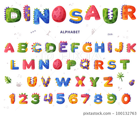 Dinosaur alphabet colorful letters and numbers. Bright dino font. Abc for kids, nursery, birthday party design cartoon vector illustration Dinosaur alphabet colorful letters and numbers. Bright dino font. Abc for kids, nursery, birthday party design cartoon vector illustration 100132763