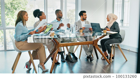 Business people, meeting and planning for strategy, brainstorming or schedule in the boardroom. Group of employee workers sharing ideas in team discussion, project plan or collaboration at the office 100133260