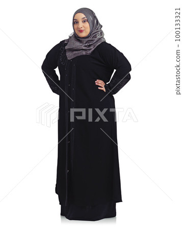Beauty, culture and portrait of Muslim woman on a white background with confidence, elegance and happiness. Fashion, religion and female isolated in studio with Islam, cultural and Arabian clothes 100133321