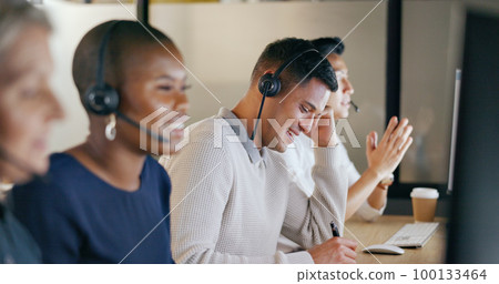 Call center, business man and team communication, global office and telemarketing diversity. Telecom, technical support or virtual help desk agent, consultant or ecommerce worker smile on computer 100133464
