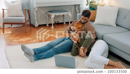 Couple, watching film on laptop and love, together and talking, bonding and streaming online, technology and care at house. Young man, woman and happy, talking and relax, spending quality time. 100133500