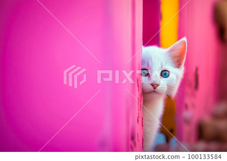 A white kitten peeks out from behind a pink wall, generative AI A white kitten peeks out from behind a pink wall, generative AI 100133584