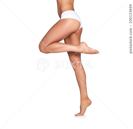 Beauty, lingerie and hair removal with legs of woman and mockup for fitness, sexy and spa. Epilation, sport and waxing with girl in underwear isolated on white background for skincare, health or glow Beauty, lingerie and hair removal with legs of woman and mockup for fitness, sexy and spa. Epilation, sport and waxing with girl in underwear isolated on white background for skincare, health or glow 100133694