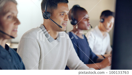 Call center, business people and team communication, global office and telemarketing diversity. Telecom, technical support or virtual help desk agent, consultant or ecommerce worker talk on computer Call center, business people and team communication, global office and telemarketing diversity. Telecom, technical support or virtual help desk agent, consultant or ecommerce worker talk on computer 100133763