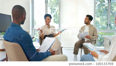 Business woman, talking or diversity training on tablet, paper or documents in company, office or workshop feedback. Mentor, speaker or leadership on technology in meeting, collaboration or teamwork 100133769