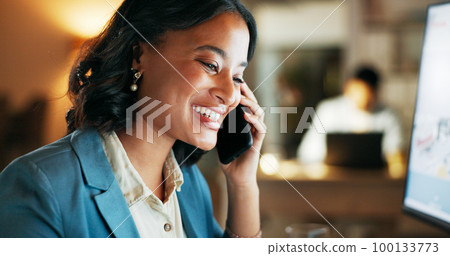 Phone call, smile and night with business woman at computer for planning, networking and digital marketing. Leadership, management and deal with employee in office for help, review and website 100133773