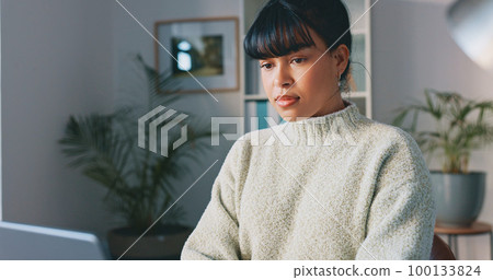 Thinking, planning and strategy by business woman working on a laptop in a corporate office. creative, learning and change by black entrepreneur writing notes and searching for online upskill course 100133824