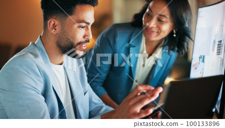 Man, woman and tablet in office at night for analytics, research and information technology with teamwork. Businessman, web design discussion and mobile touchscreen at pc, data analysis and mentor Man, woman and tablet in office at night for analytics, research and information technology with teamwork. Businessman, web design discussion and mobile touchscreen at pc, data analysis and mentor 100133896