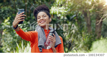 Fitness woman, video call and social media phone wave, communication and mobile tech, online conversation and hello in park outdoor. Sports black person, internet talking and sports workout in garden Fitness woman, video call and social media phone wave, communication and mobile tech, online conversation and hello in park outdoor. Sports black person, internet talking and sports workout in garden 100134307