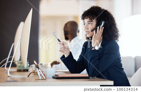 Business, black woman and call center for customer service, talking and help with tech support. African American female employee, agent and consultant with computer, discussion and help client online 100134314