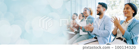 Business, team and applause for celebration, achievement and new project success in modern office. Teamwork, women and men clapping, smile and corporate deal with sales growth, staff and happiness 100134320