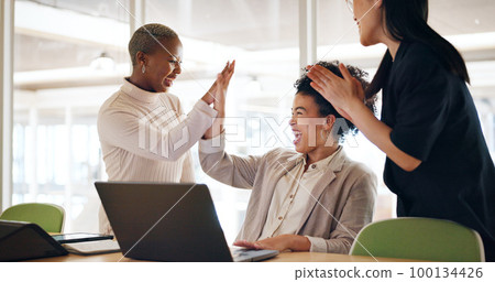 Corporate, women and applause with laptop, achievement and teamwork for project success, business deal and workplace. Team, staff and female employees clapping for new contract and digital marketing Corporate, women and applause with laptop, achievement and teamwork for project success, business deal and workplace. Team, staff and female employees clapping for new contract and digital marketing 100134426